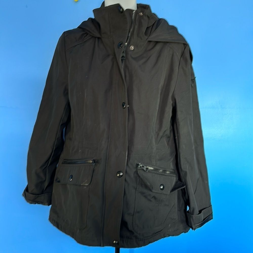 Guess Medium Black Rain Jacket Hooded Windbreaker Coat Outerwear